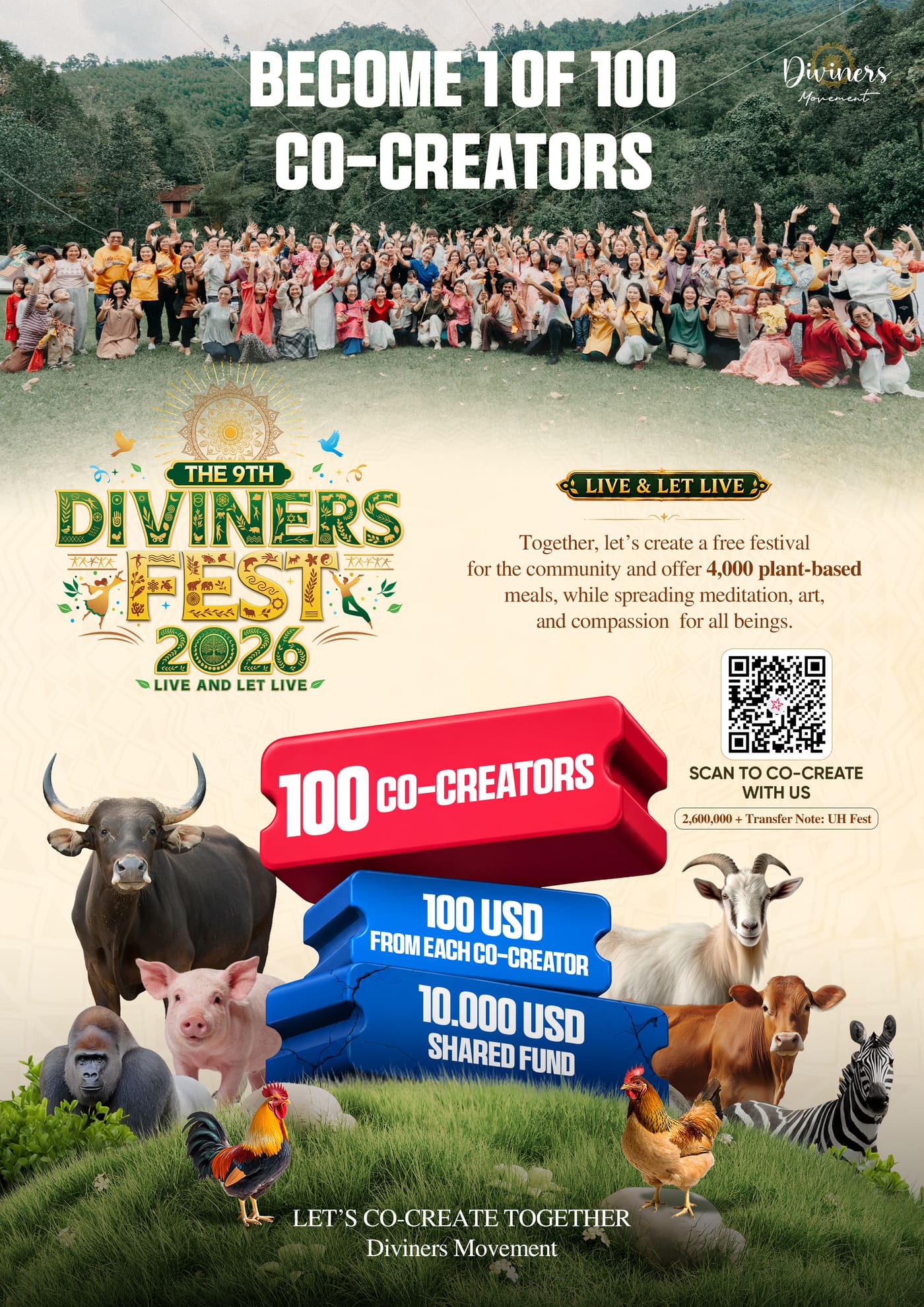 Become 1 of 100 co-creators of Diviners Fest 2026 – Live & Let Live. Scan the QR code to support the festival.