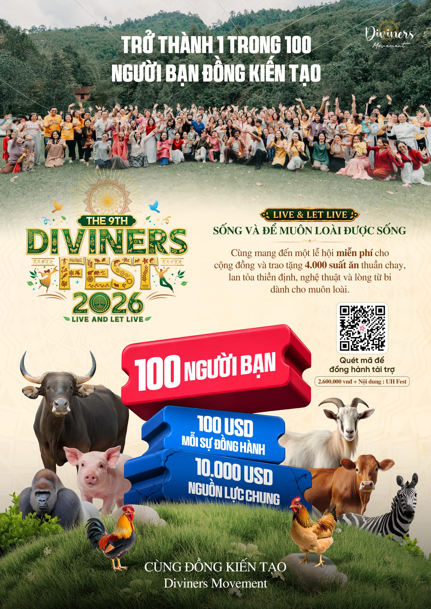 Trở thành 1 trong 100 người bạn đồng kiến tạo Diviners Fest 2026 – Live & Let Live. Quét mã để đồng hành tài trợ.