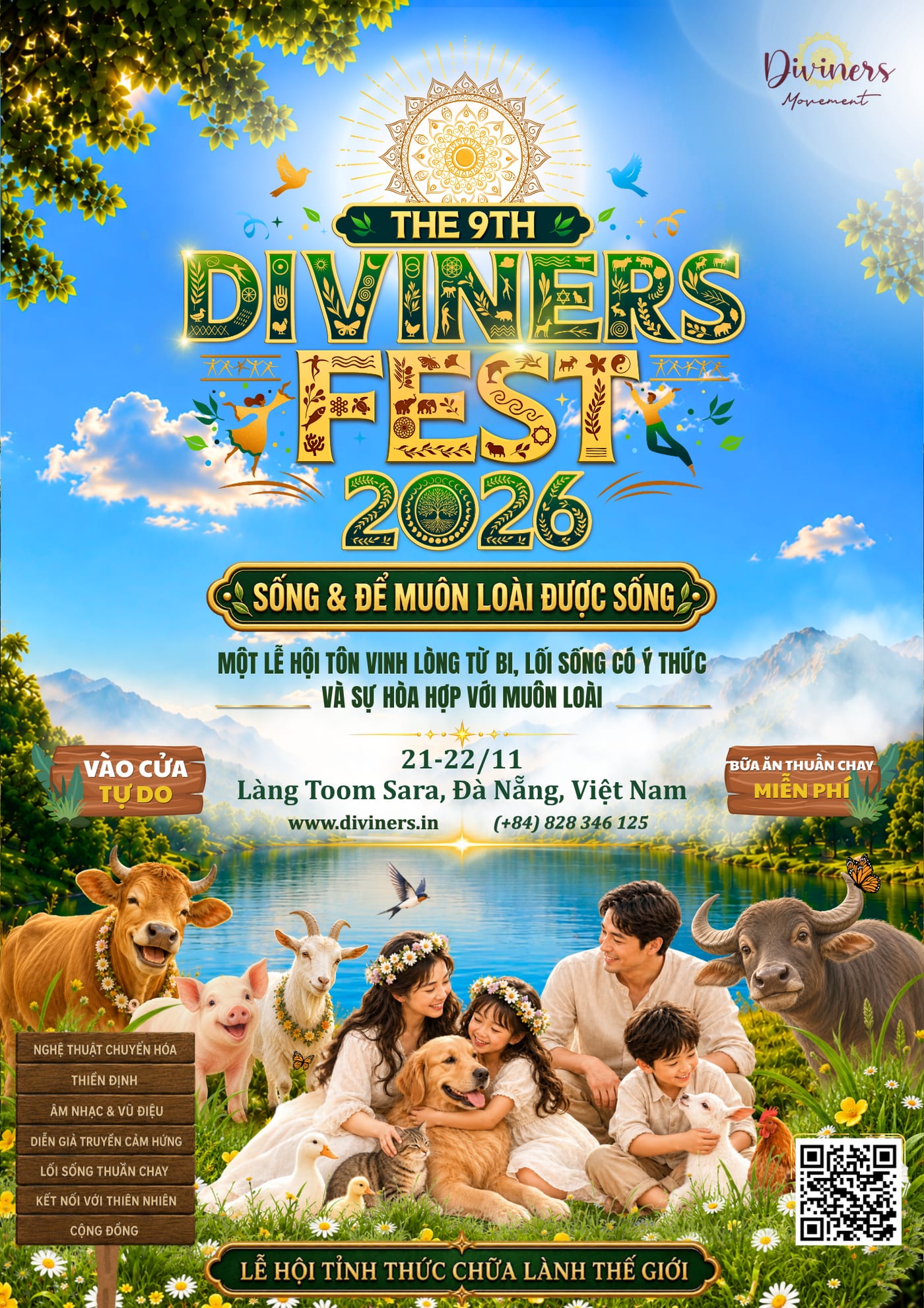 Diviners Fest 2026 lần thứ 9 – Sống & để muôn loài được sống. 21–22/11, Làng Toom Sara, Đà Nẵng. Vào cửa tự do, bữa ăn thuần chay miễn phí.